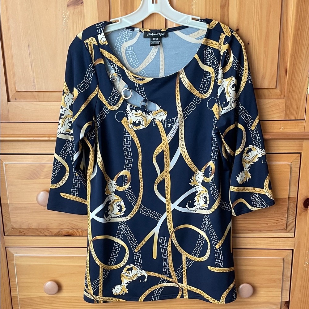 Michael Tyler Navy and Gold Chain Print top